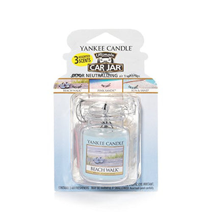 Yankee Candle Hanging Car Jar Ultimate 3-Pack Air Fresheners Neutralizes Odors Up to 30 Days Includes: Beach Walk Pink Sands and Sun and Sand (Pack of 3)