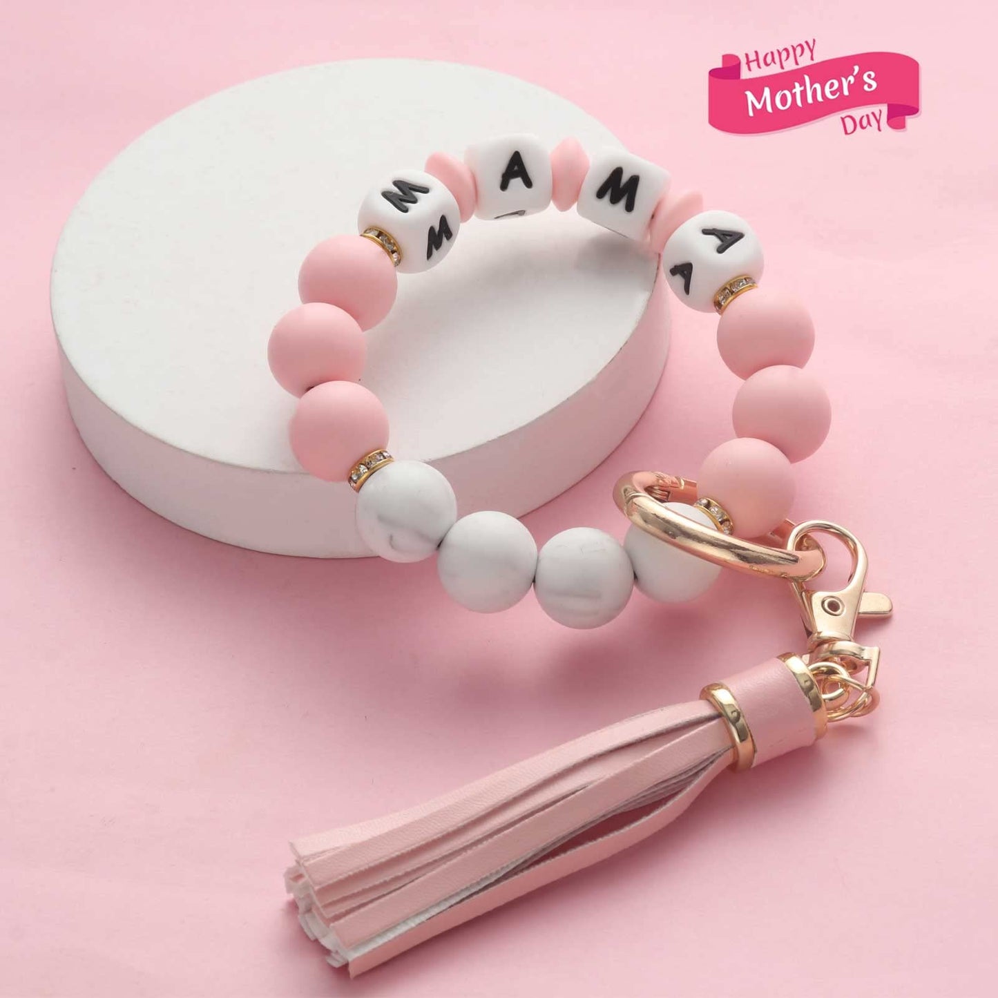 BAOSIWA Silicone Beaded Bracelet Keychain Wristlet Key Ring Bangle Chains for Women with Leather Tassel