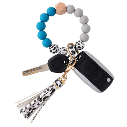 BAOSIWA Silicone Beaded Bracelet Keychain Wristlet Key Ring Bangle Chains for Women with Leather Tassel