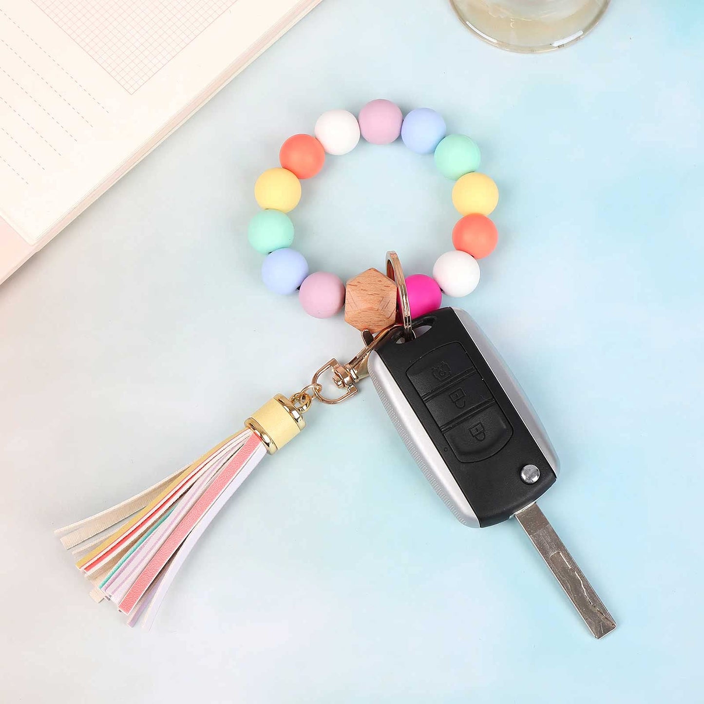 BAOSIWA Silicone Beaded Bracelet Keychain Wristlet Key Ring Bangle Chains for Women with Leather Tassel