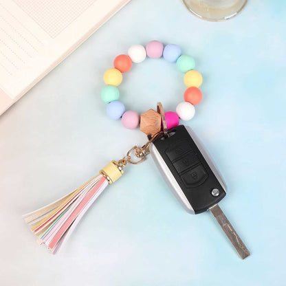 BAOSIWA Silicone Beaded Bracelet Keychain Wristlet Key Ring Bangle Chains for Women with Leather Tassel