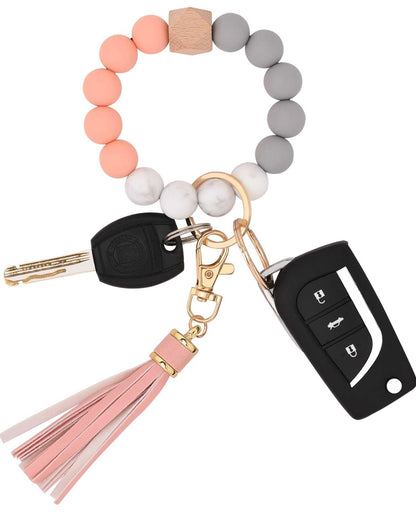 BAOSIWA Silicone Beaded Bracelet Keychain Wristlet Key Ring Bangle Chains for Women with Leather Tassel