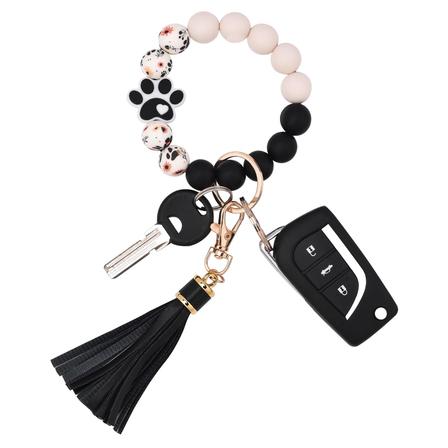 BAOSIWA Silicone Beaded Bracelet Keychain Wristlet Key Ring Bangle Chains for Women with Leather Tassel