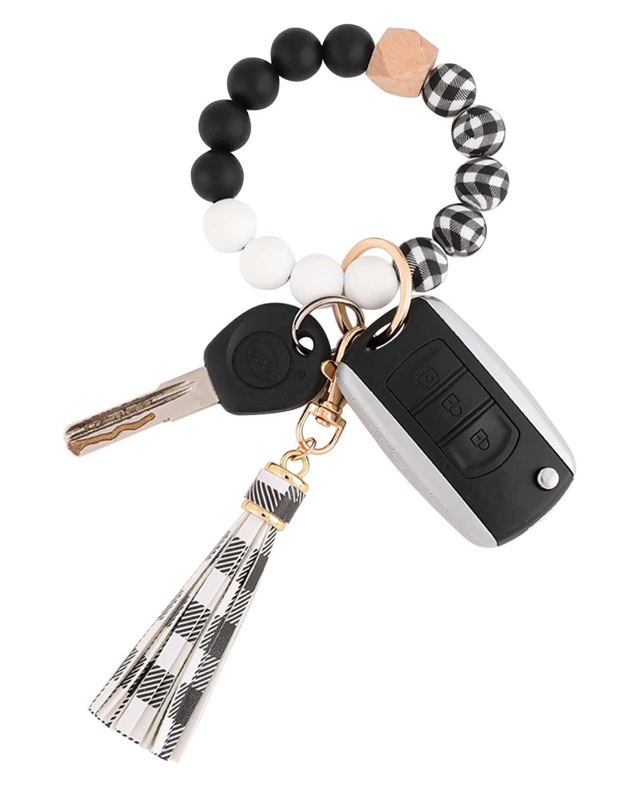 BAOSIWA Silicone Beaded Bracelet Keychain Wristlet Key Ring Bangle Chains for Women with Leather Tassel