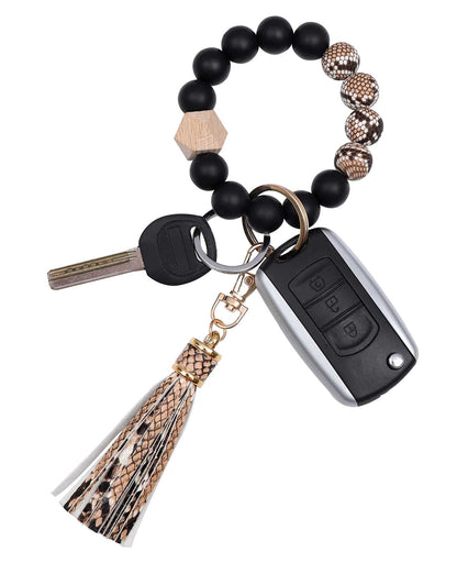 BAOSIWA Silicone Beaded Bracelet Keychain Wristlet Key Ring Bangle Chains for Women with Leather Tassel