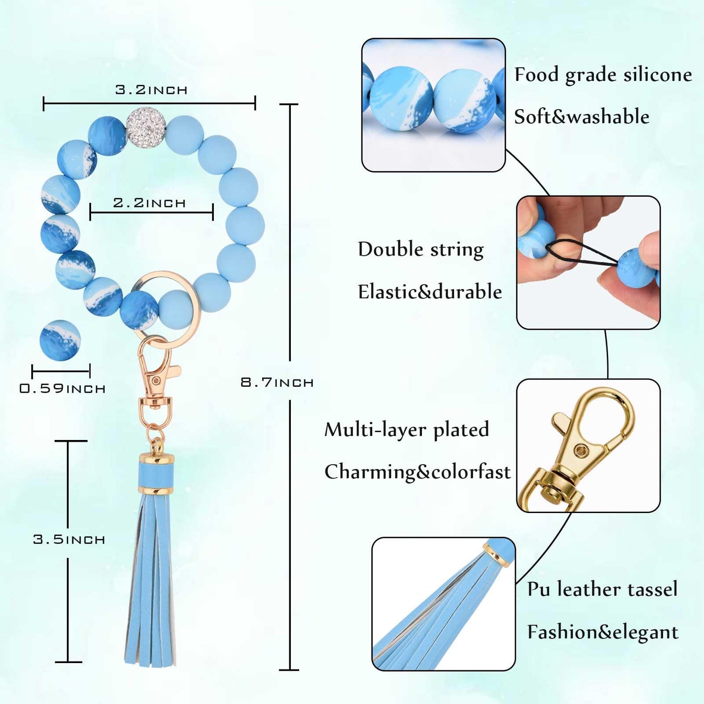 BAOSIWA Silicone Beaded Bracelet Keychain Wristlet Key Ring Bangle Chains for Women with Leather Tassel