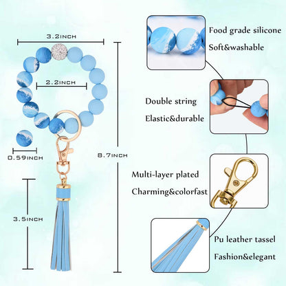 BAOSIWA Silicone Beaded Bracelet Keychain Wristlet Key Ring Bangle Chains for Women with Leather Tassel