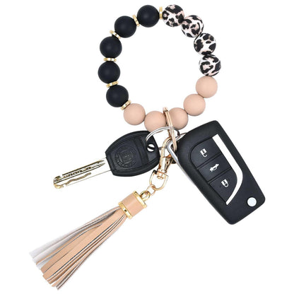 BAOSIWA Silicone Beaded Bracelet Keychain Wristlet Key Ring Bangle Chains for Women with Leather Tassel