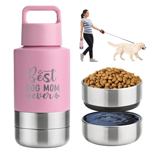 Insulated Dog Travel Water Bottle With Detachable Bowls, Ideal Dog Mom Gifts for Women, Portable Water Bottle Dispenser, For Walking, Hiking, Camping, Outdoor (Pink:Best Dog Mom, 32 Oz)