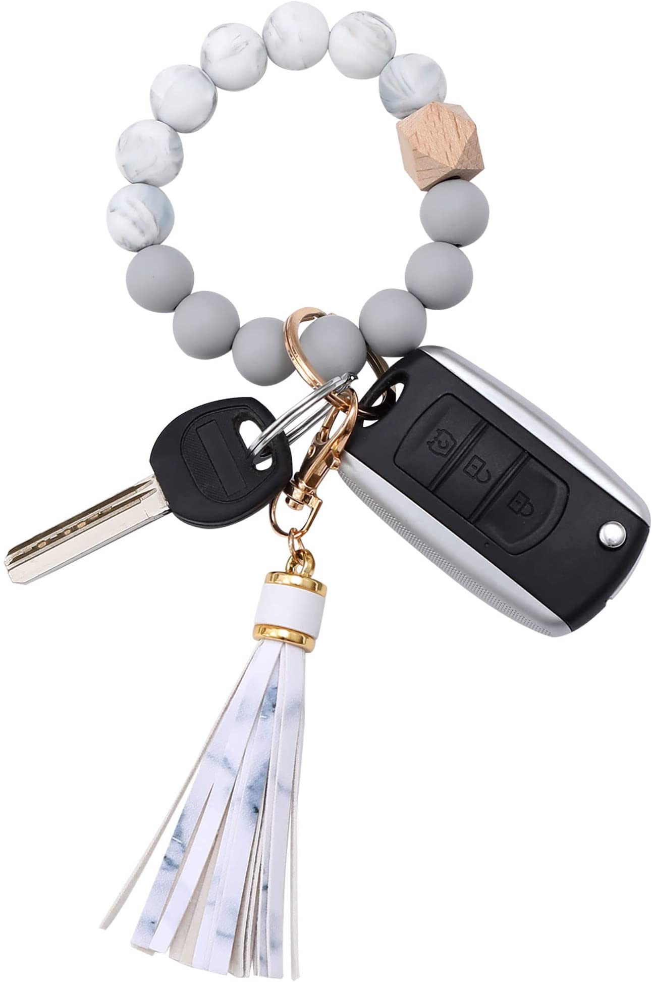BAOSIWA Silicone Beaded Bracelet Keychain Wristlet Key Ring Bangle Chains for Women with Leather Tassel