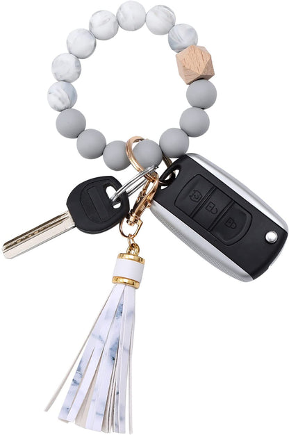 BAOSIWA Silicone Beaded Bracelet Keychain Wristlet Key Ring Bangle Chains for Women with Leather Tassel