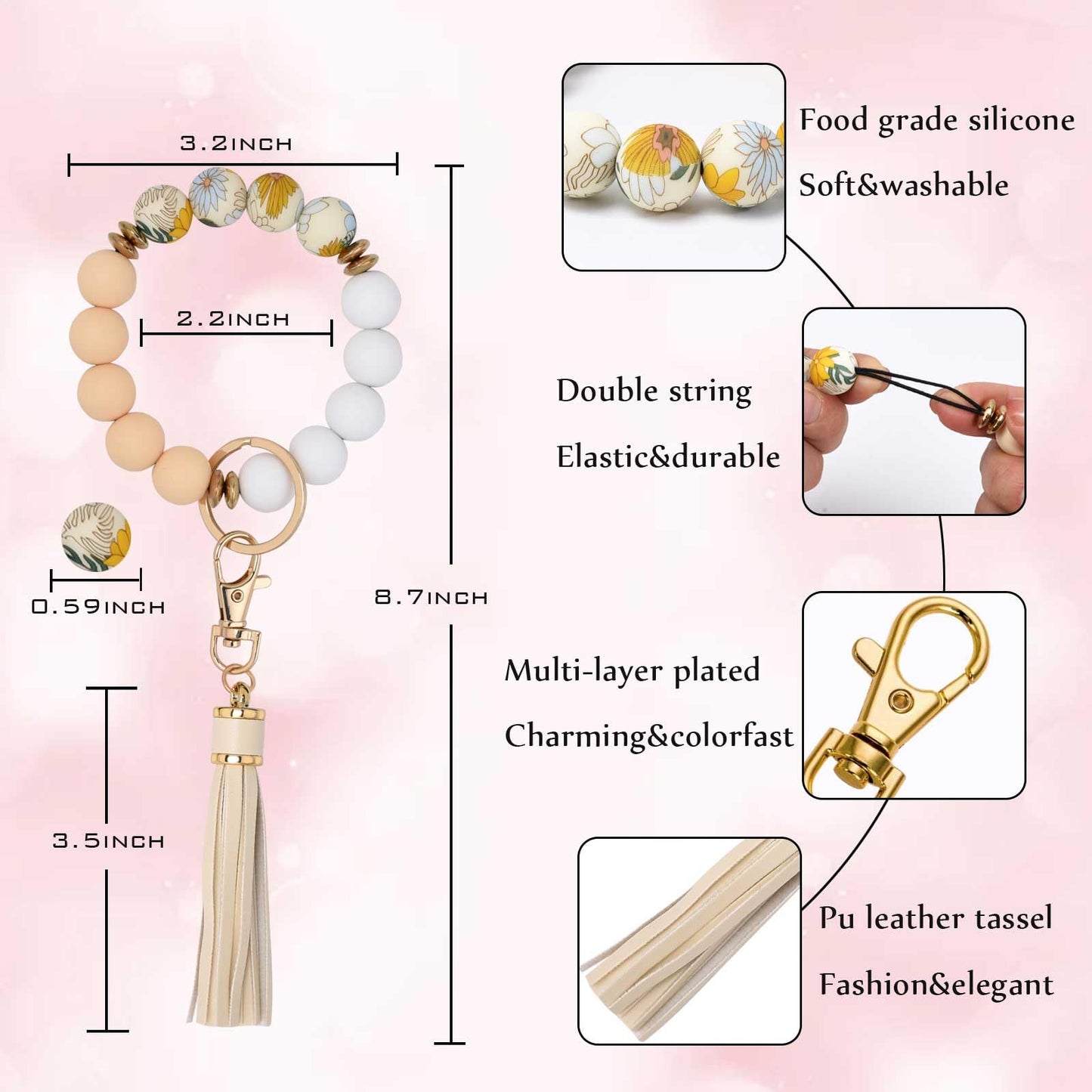 BAOSIWA Silicone Beaded Bracelet Keychain Wristlet Key Ring Bangle Chains for Women with Leather Tassel