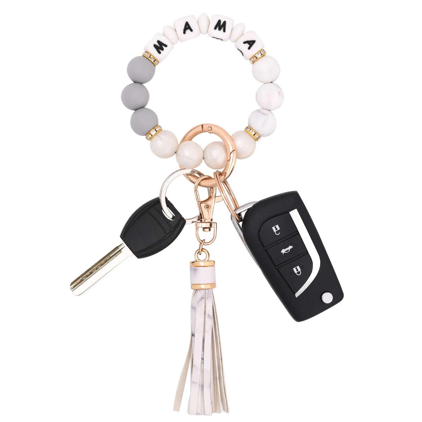 BAOSIWA Silicone Beaded Bracelet Keychain Wristlet Key Ring Bangle Chains for Women with Leather Tassel