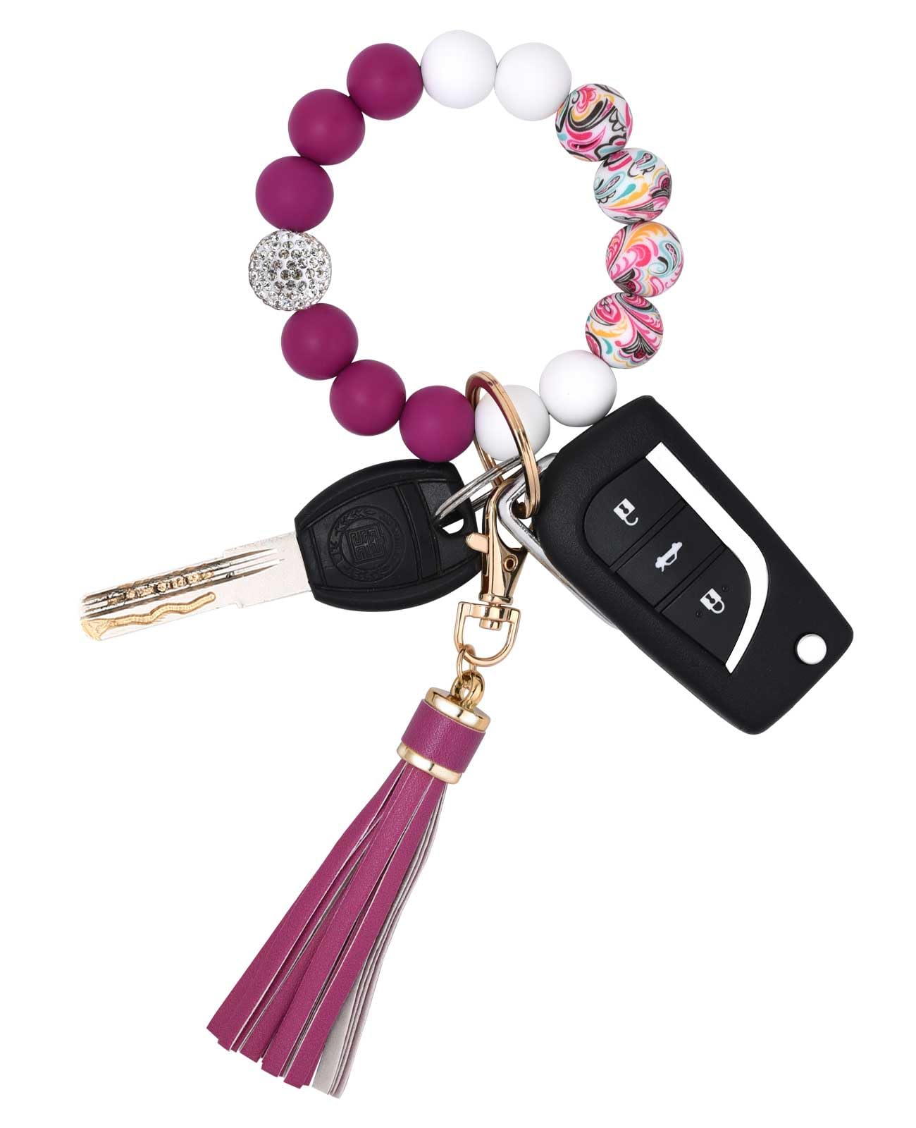 BAOSIWA Silicone Beaded Bracelet Keychain Wristlet Key Ring Bangle Chains for Women with Leather Tassel
