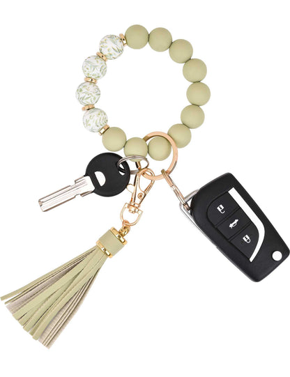 BAOSIWA Silicone Beaded Bracelet Keychain Wristlet Key Ring Bangle Chains for Women with Leather Tassel
