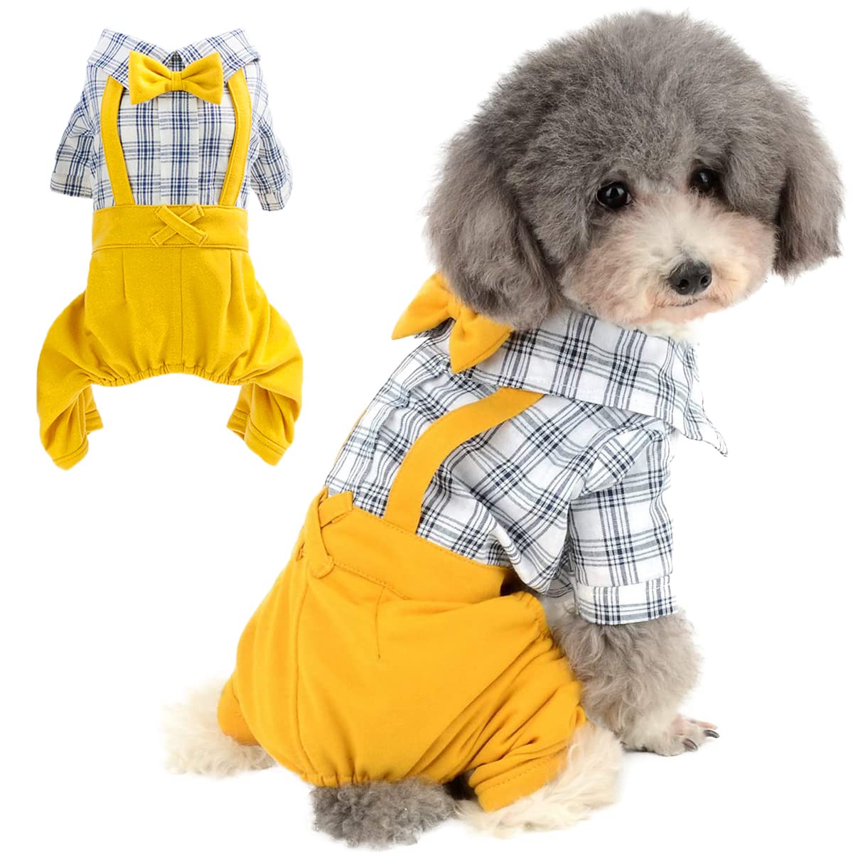 Pet Clothes Dog Shirts Classic Plaid Striped Overall Jumpsuit, Gentle Puppy Wedding Birthday Western Onesies Apparel, Fashion Daily Outfit with Bowtie for Dogs and Cats (Medium, Khaki)