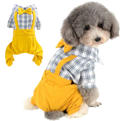Pet Clothes Dog Shirts Classic Plaid Striped Overall Jumpsuit, Gentle Puppy Wedding Birthday Western Onesies Apparel, Fashion Daily Outfit with Bowtie for Dogs and Cats (Medium, Khaki)