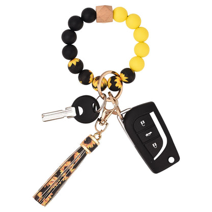 BAOSIWA Silicone Beaded Bracelet Keychain Wristlet Key Ring Bangle Chains for Women with Leather Tassel