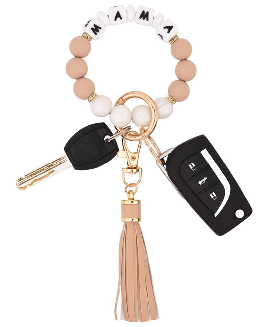 BAOSIWA Silicone Beaded Bracelet Keychain Wristlet Key Ring Bangle Chains for Women with Leather Tassel