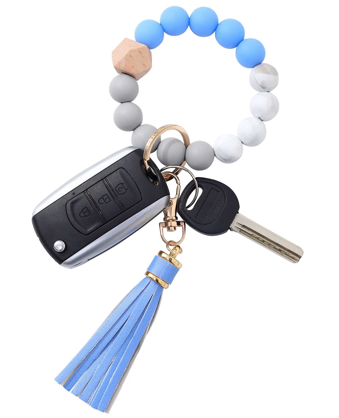 BAOSIWA Silicone Beaded Bracelet Keychain Wristlet Key Ring Bangle Chains for Women with Leather Tassel