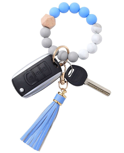 BAOSIWA Silicone Beaded Bracelet Keychain Wristlet Key Ring Bangle Chains for Women with Leather Tassel