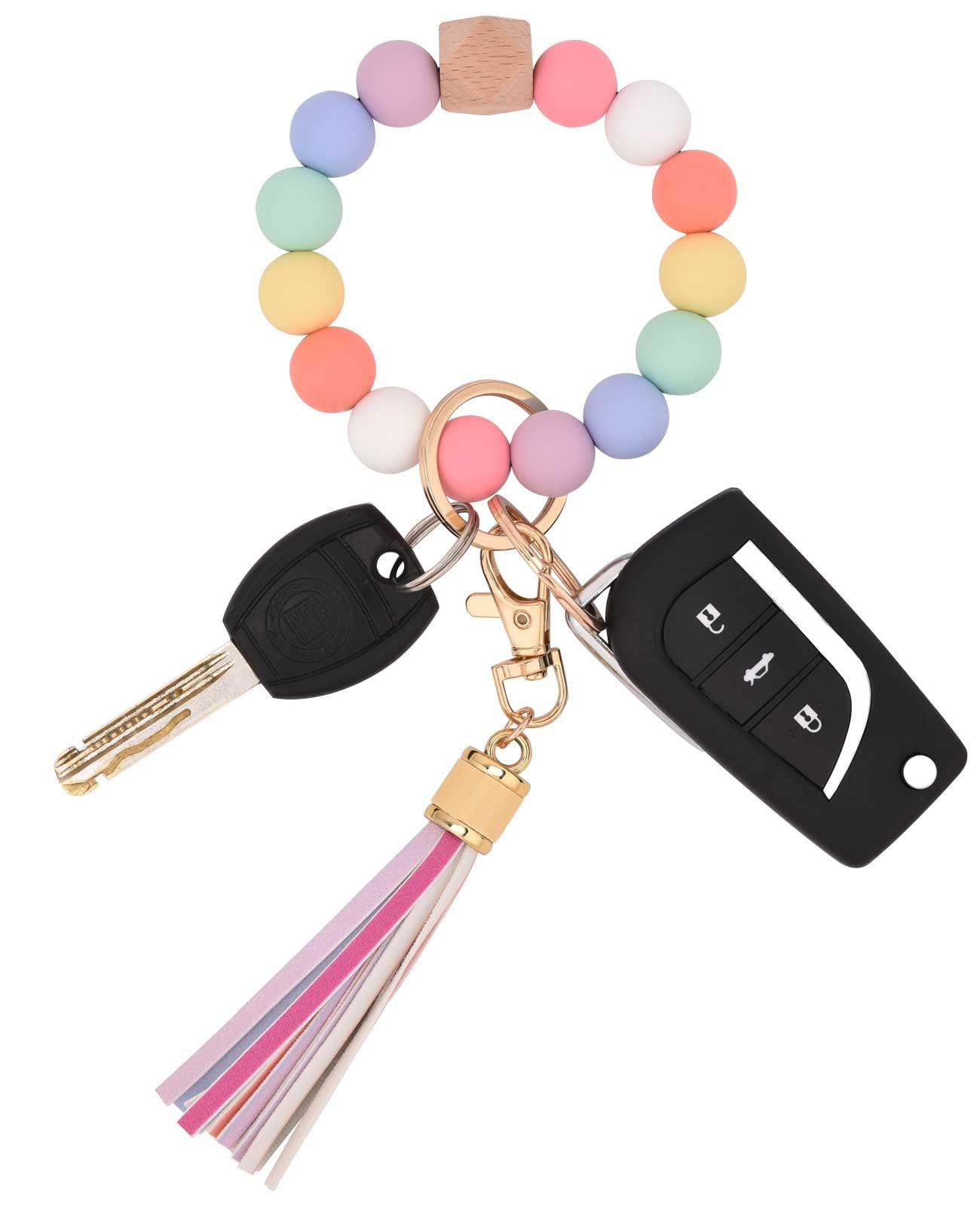 BAOSIWA Silicone Beaded Bracelet Keychain Wristlet Key Ring Bangle Chains for Women with Leather Tassel