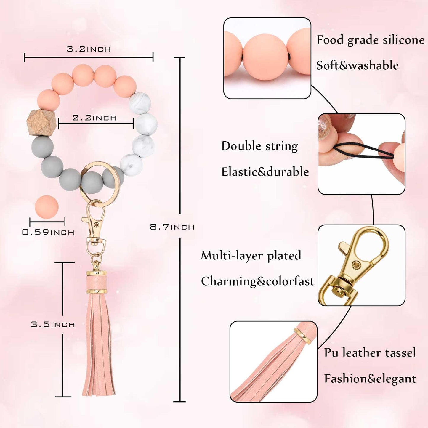BAOSIWA Silicone Beaded Bracelet Keychain Wristlet Key Ring Bangle Chains for Women with Leather Tassel