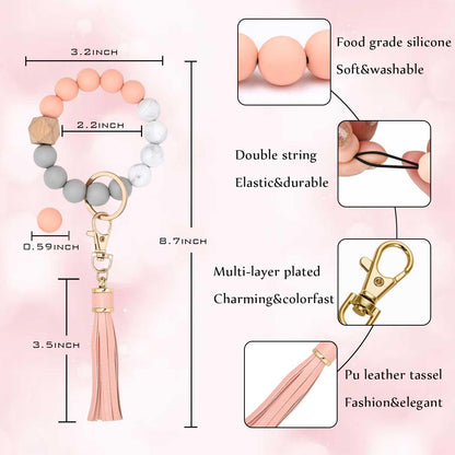 BAOSIWA Silicone Beaded Bracelet Keychain Wristlet Key Ring Bangle Chains for Women with Leather Tassel