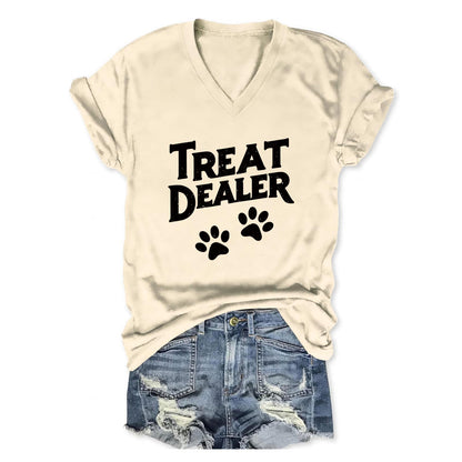Treat Dealer T Shirt Women, V Neck Short Sleeve Tops Cute Dog Paw Print Graphic Tees Funny Humor Dog Owner Shirts