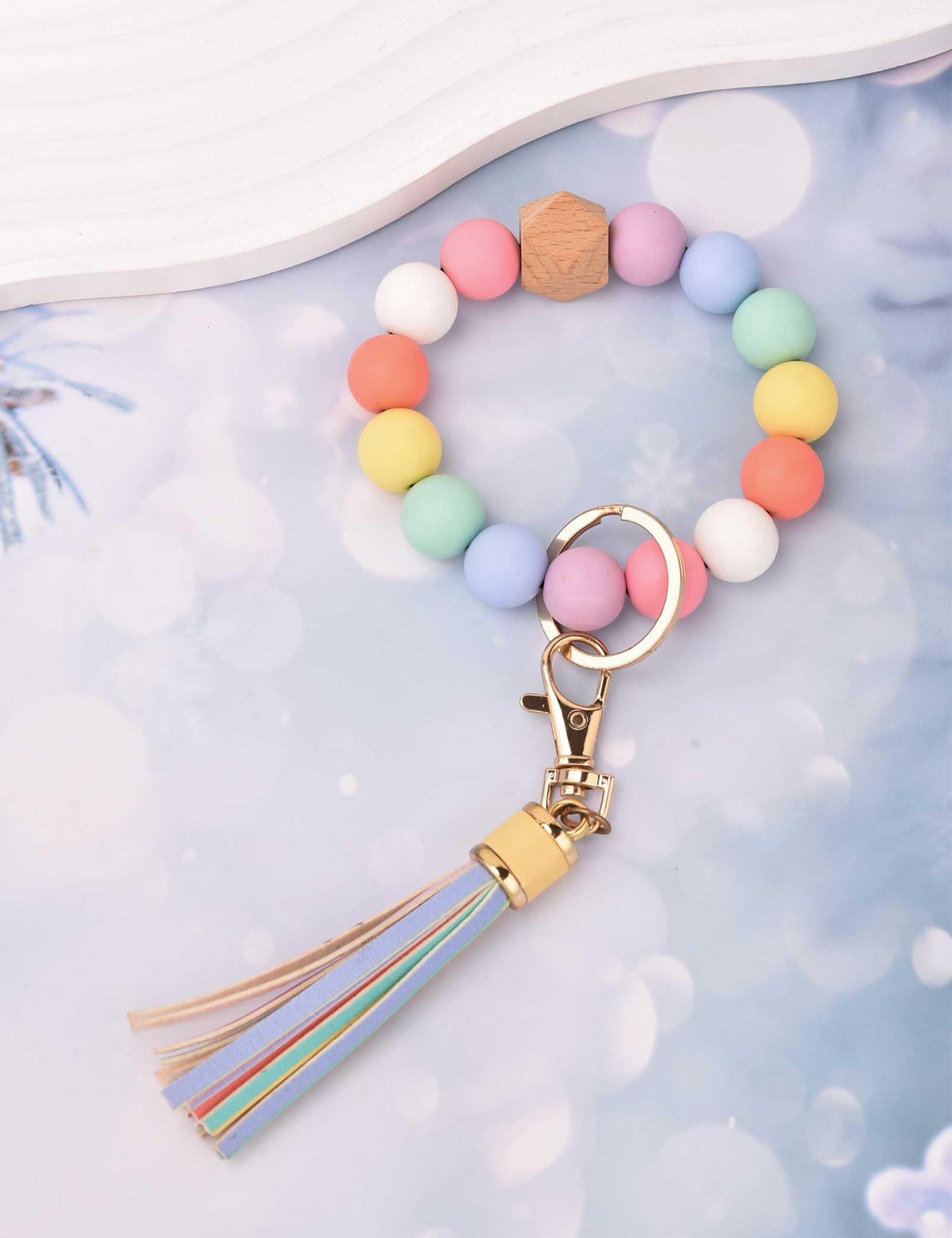 BAOSIWA Silicone Beaded Bracelet Keychain Wristlet Key Ring Bangle Chains for Women with Leather Tassel