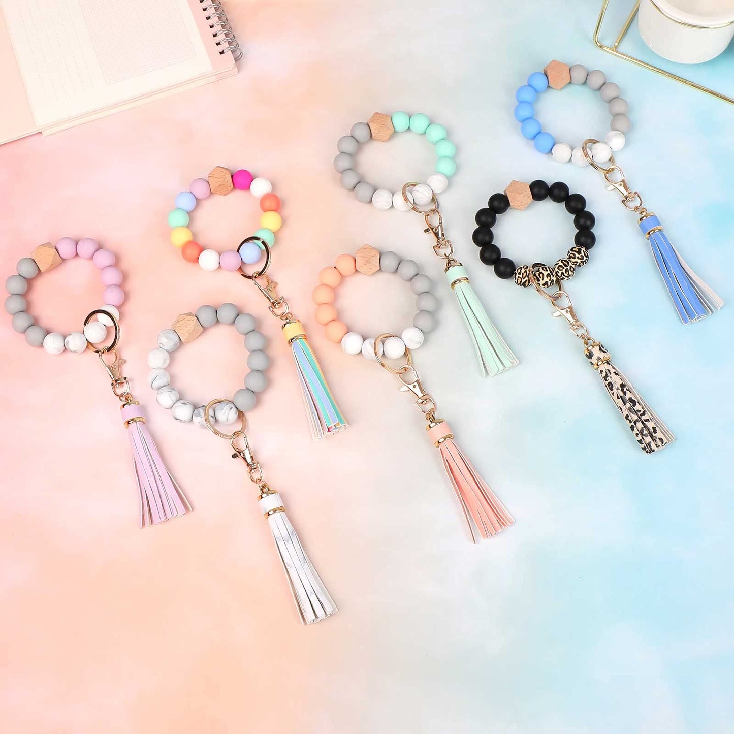 BAOSIWA Silicone Beaded Bracelet Keychain Wristlet Key Ring Bangle Chains for Women with Leather Tassel