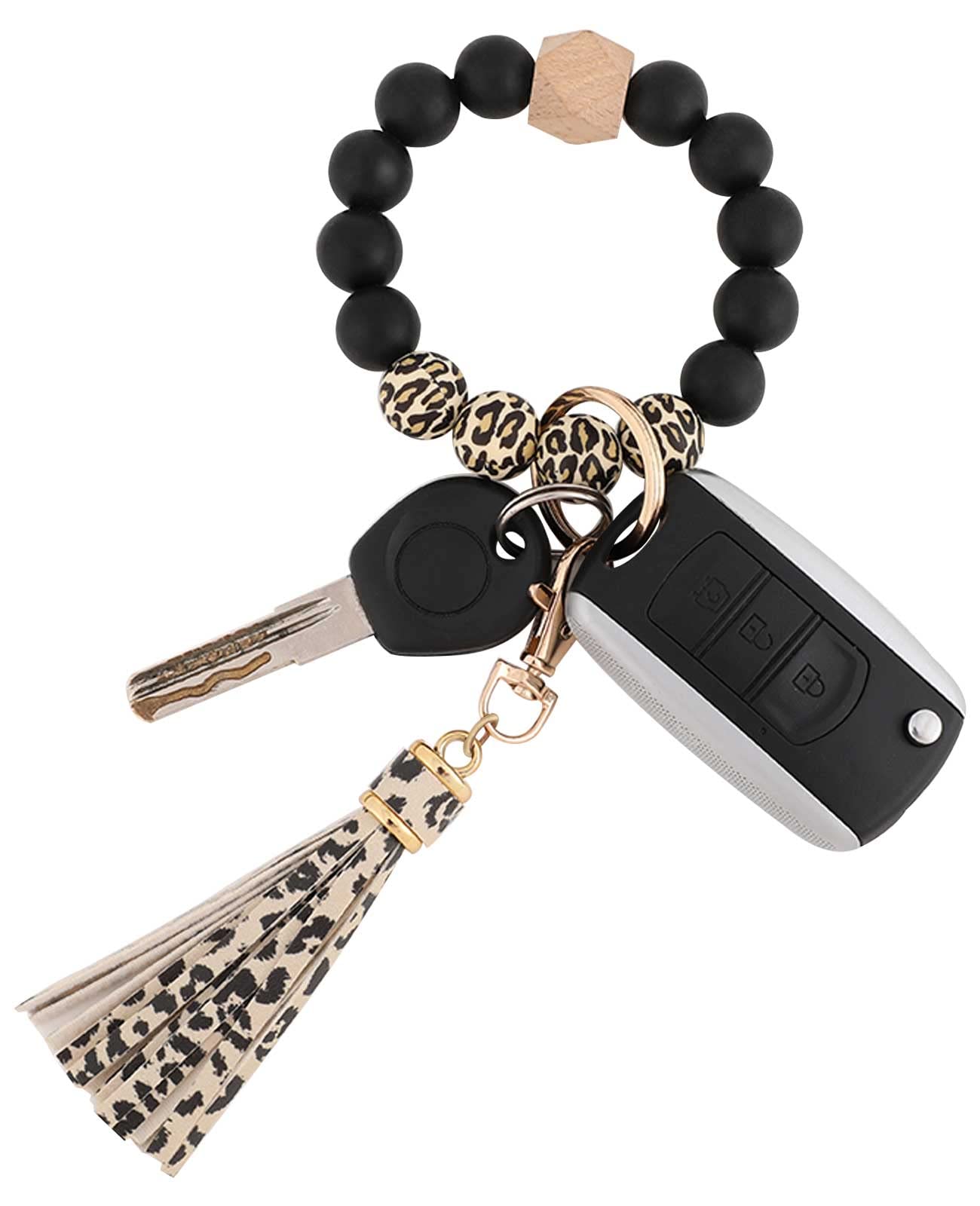 BAOSIWA Silicone Beaded Bracelet Keychain Wristlet Key Ring Bangle Chains for Women with Leather Tassel