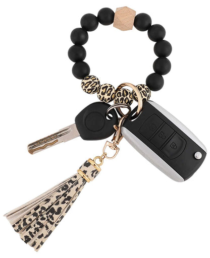 BAOSIWA Silicone Beaded Bracelet Keychain Wristlet Key Ring Bangle Chains for Women with Leather Tassel