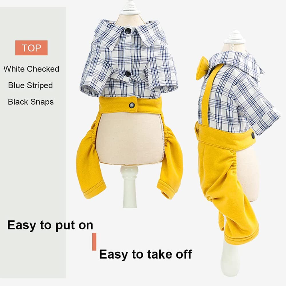 Pet Clothes Dog Shirts Classic Plaid Striped Overall Jumpsuit, Gentle Puppy Wedding Birthday Western Onesies Apparel, Fashion Daily Outfit with Bowtie for Dogs and Cats (Medium, Khaki)