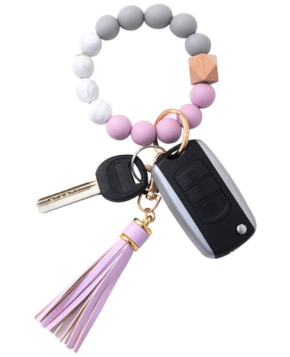 BAOSIWA Silicone Beaded Bracelet Keychain Wristlet Key Ring Bangle Chains for Women with Leather Tassel