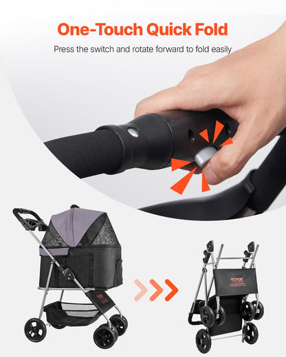 VEVOR Pet Stroller, 35 lbs Weight Capacity, Foldable Dog Stroller Cart, 4 Wheels Cats Strollers with with Detachable Carrier & Mesh Windows, Portable Design with Brake for Small to Medium Pets