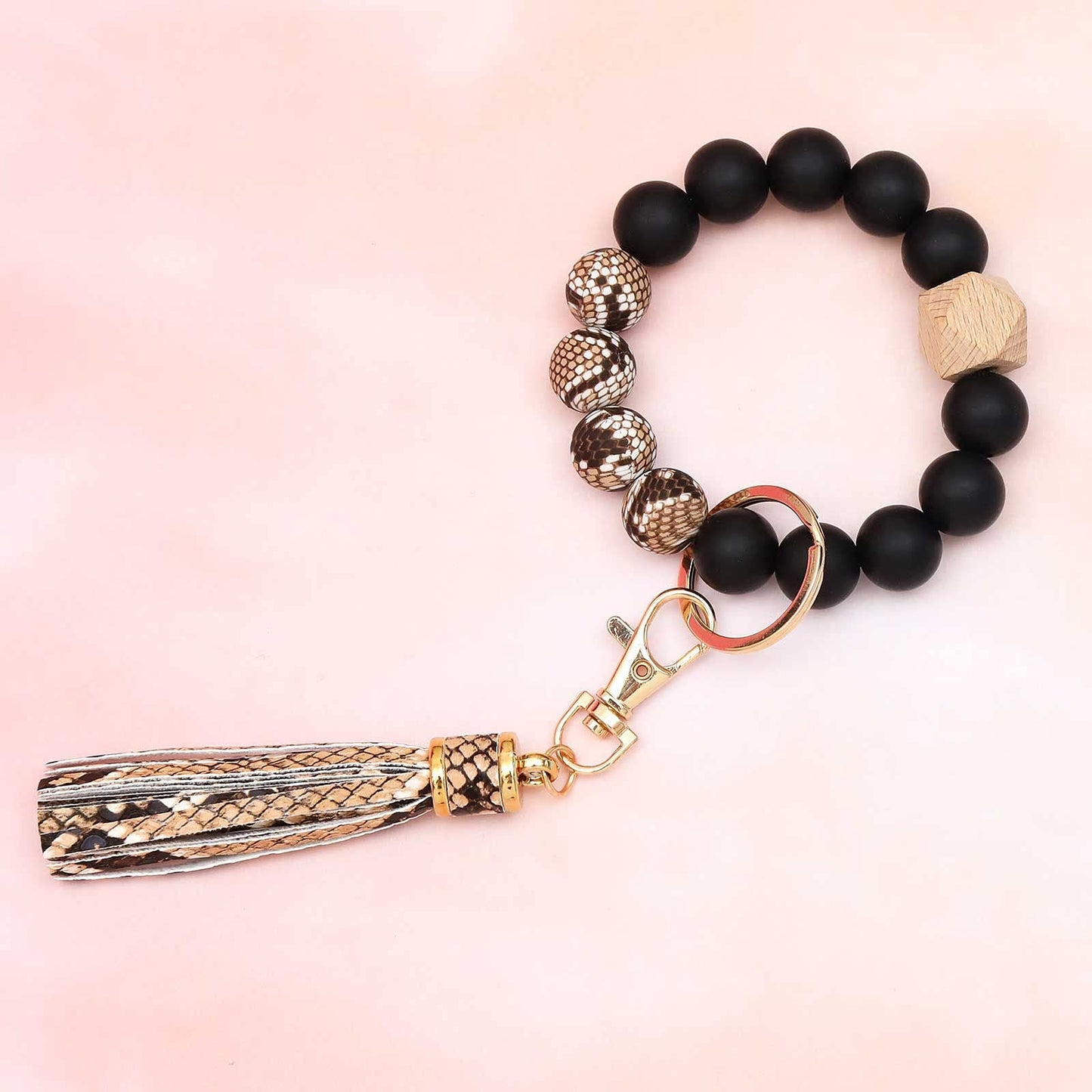 BAOSIWA Silicone Beaded Bracelet Keychain Wristlet Key Ring Bangle Chains for Women with Leather Tassel