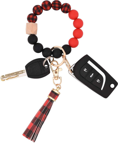 BAOSIWA Silicone Beaded Bracelet Keychain Wristlet Key Ring Bangle Chains for Women with Leather Tassel