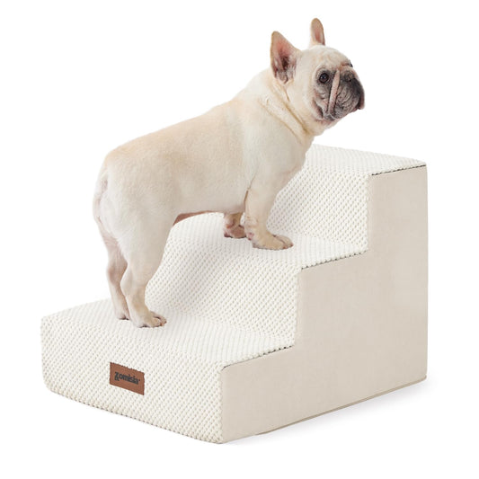 Dog Stairs for Small Dogs - Pet Stairs 2 in 1 with Zippers Suitable for Couch and Bed, 35D Foam Dog Steps with Non Slip Bottom Grey 4 Steps, Beige