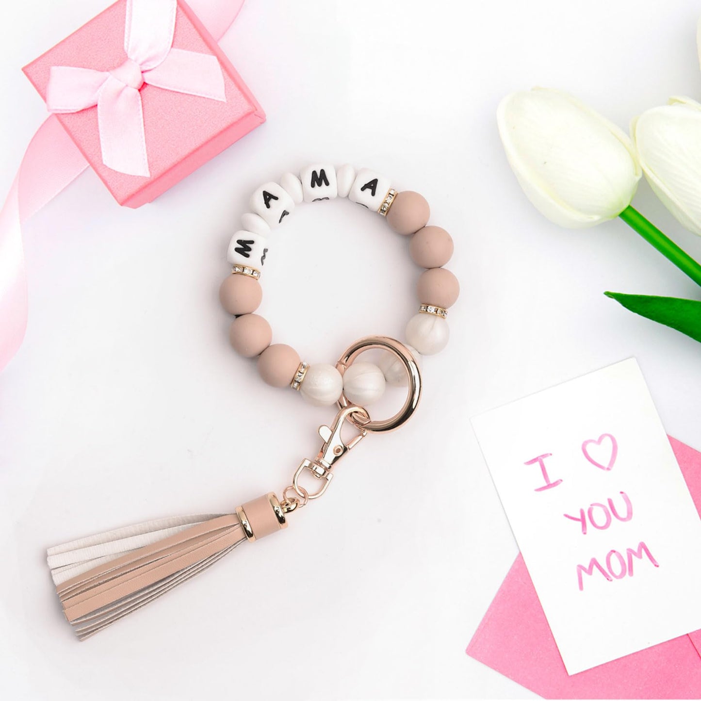 BAOSIWA Silicone Beaded Bracelet Keychain Wristlet Key Ring Bangle Chains for Women with Leather Tassel