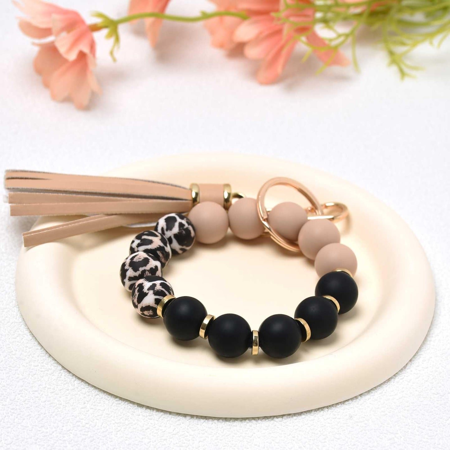 BAOSIWA Silicone Beaded Bracelet Keychain Wristlet Key Ring Bangle Chains for Women with Leather Tassel