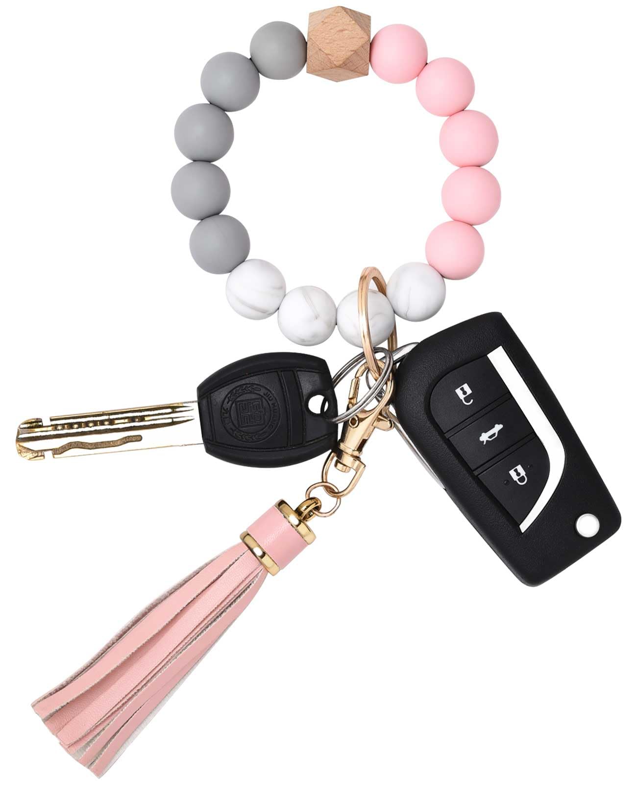 BAOSIWA Silicone Beaded Bracelet Keychain Wristlet Key Ring Bangle Chains for Women with Leather Tassel