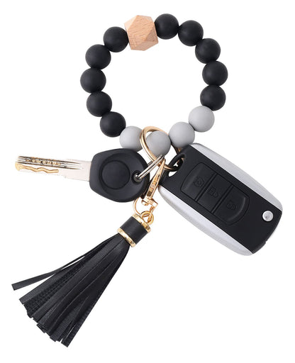 BAOSIWA Silicone Beaded Bracelet Keychain Wristlet Key Ring Bangle Chains for Women with Leather Tassel