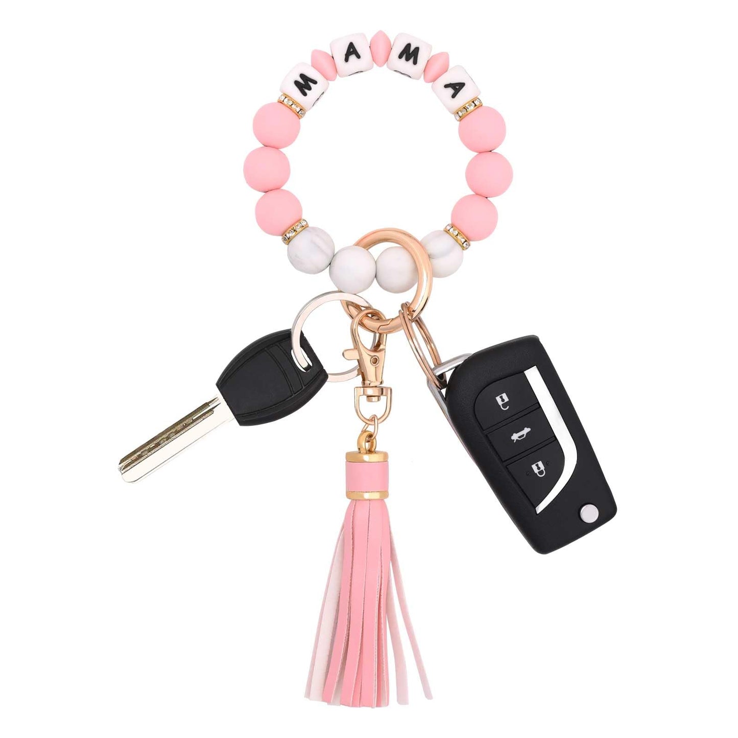BAOSIWA Silicone Beaded Bracelet Keychain Wristlet Key Ring Bangle Chains for Women with Leather Tassel