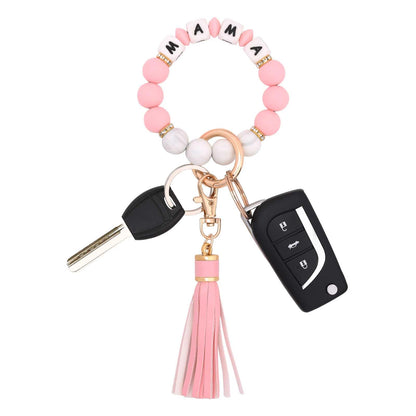 BAOSIWA Silicone Beaded Bracelet Keychain Wristlet Key Ring Bangle Chains for Women with Leather Tassel