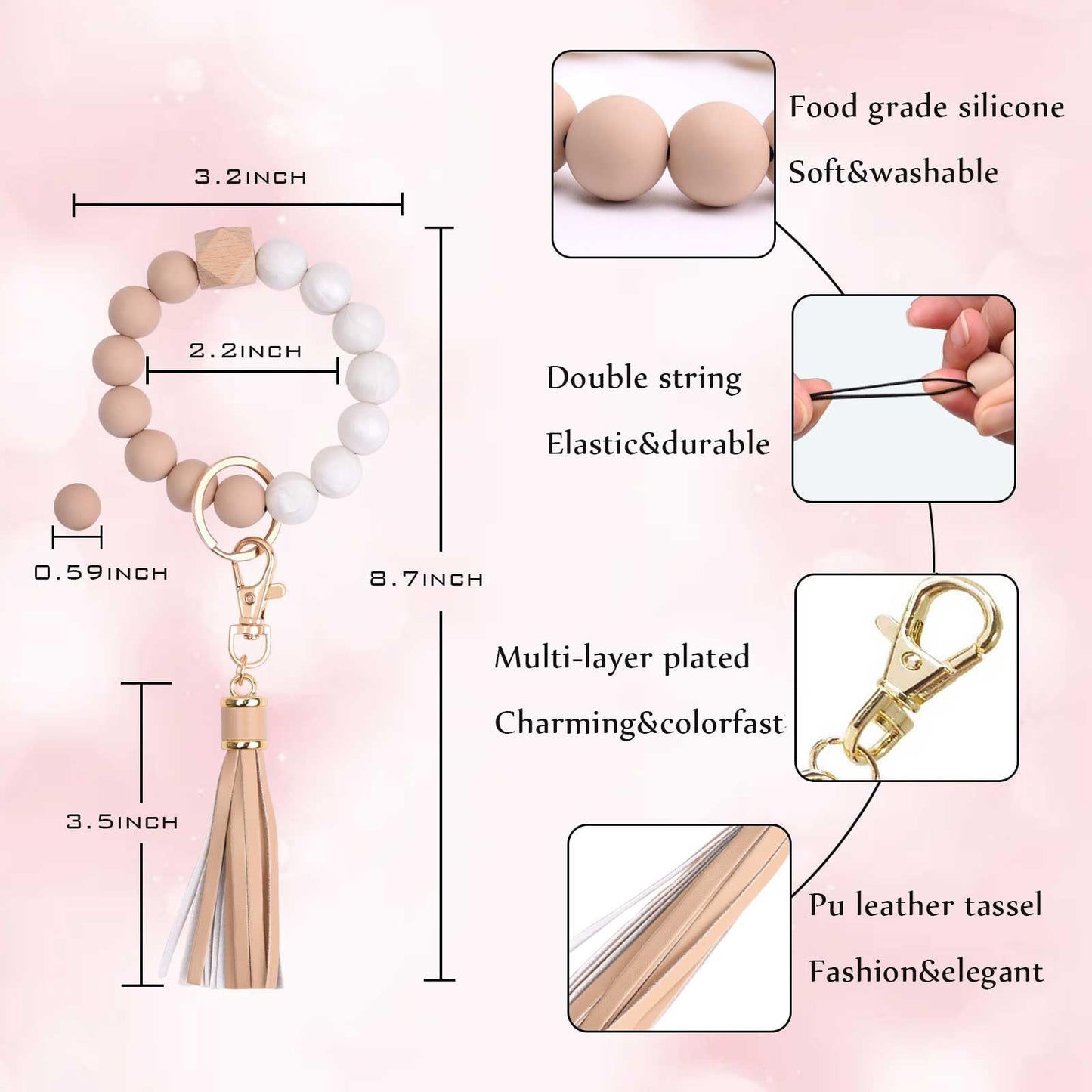 BAOSIWA Silicone Beaded Bracelet Keychain Wristlet Key Ring Bangle Chains for Women with Leather Tassel