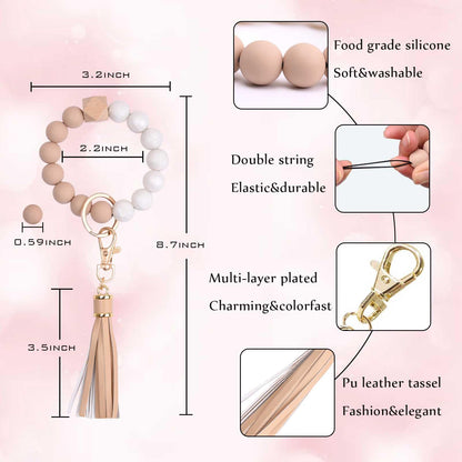 BAOSIWA Silicone Beaded Bracelet Keychain Wristlet Key Ring Bangle Chains for Women with Leather Tassel