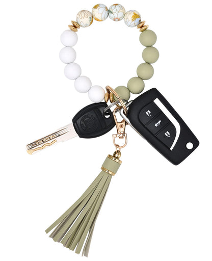 BAOSIWA Silicone Beaded Bracelet Keychain Wristlet Key Ring Bangle Chains for Women with Leather Tassel