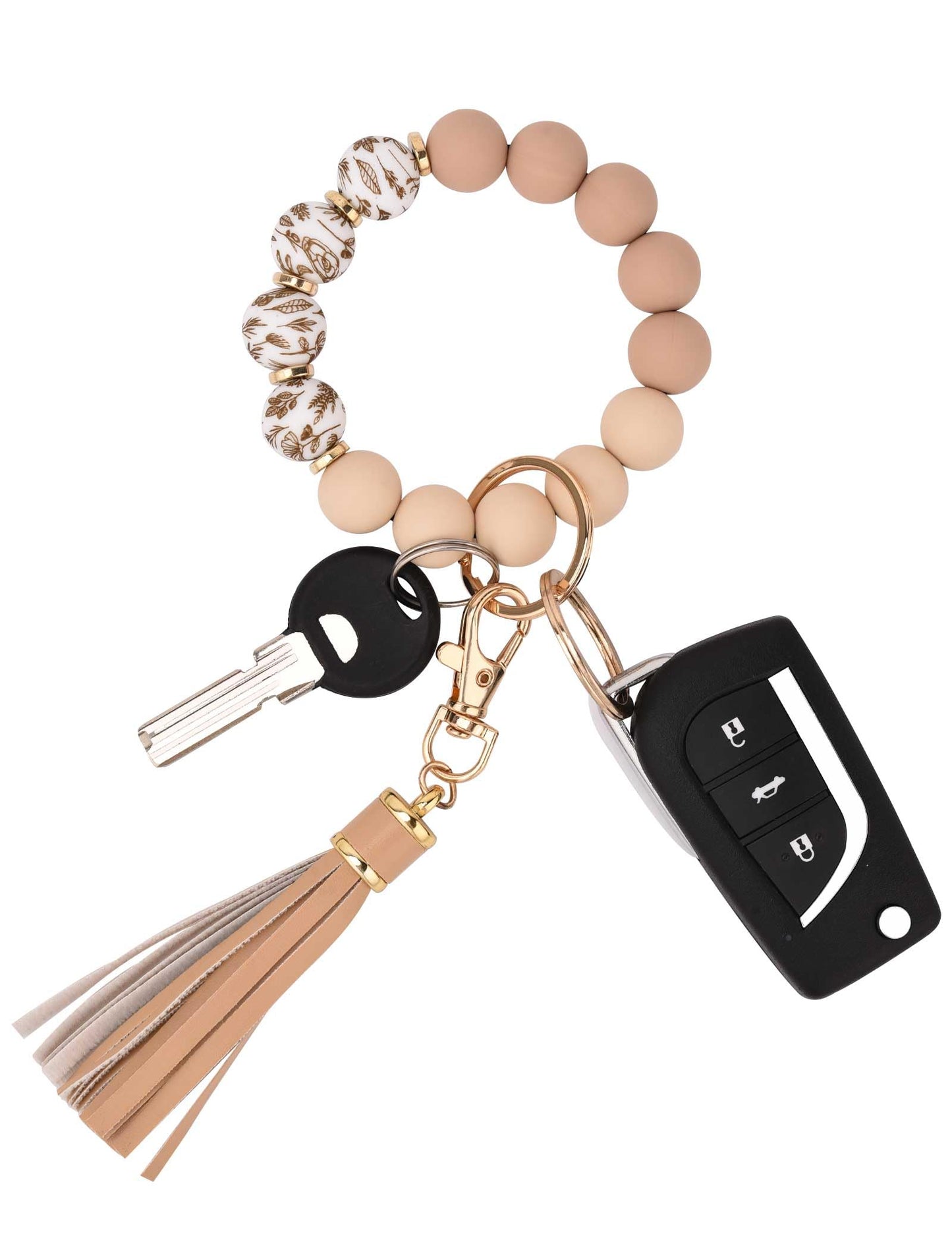 BAOSIWA Silicone Beaded Bracelet Keychain Wristlet Key Ring Bangle Chains for Women with Leather Tassel