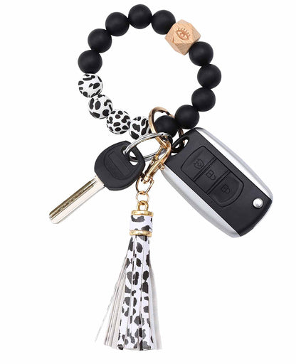 BAOSIWA Silicone Beaded Bracelet Keychain Wristlet Key Ring Bangle Chains for Women with Leather Tassel